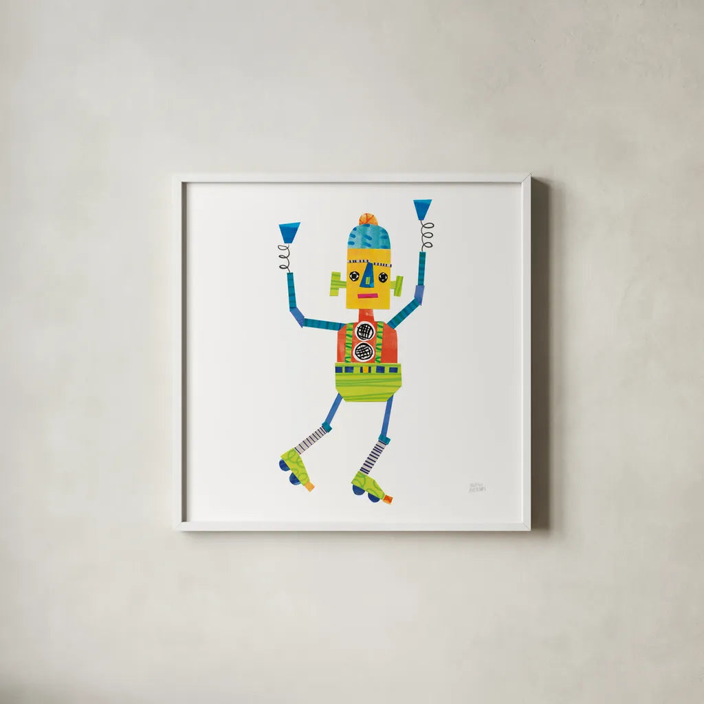 Robot Party I by Melissa Averinos. Shown in a crisp white glass frame for a clean and minimalist style. Available as an archival giclee rolled canvas, fine art paper, or poster print. SKU 28532a.