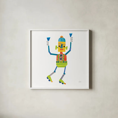 Robot Party I by Melissa Averinos. Shown in a crisp white glass frame for a clean and minimalist style. Available as an archival giclee rolled canvas, fine art paper, or poster print. SKU 28532a.
