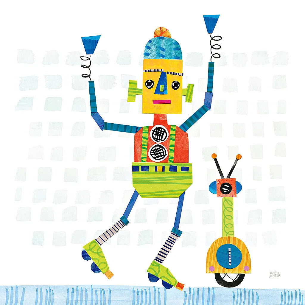 Robot Party I on Square Toys by Melissa Averinos. SKU 28693a. Archival Giclee Fine art print for wall decor.