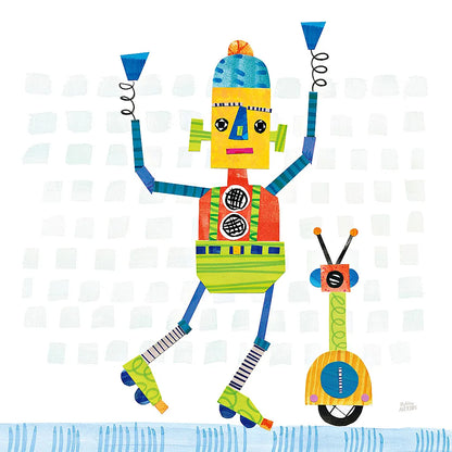 Robot Party I on Square Toys by Melissa Averinos. SKU 28693a. Archival Giclee Fine art print for wall decor.