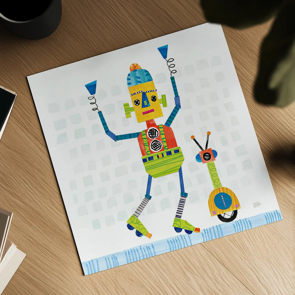 Robot Party I on Square Toys by Melissa Averinos. Shown as a detailed flat fine art print, highlighting archival giclee quality. Available as an archival giclee rolled canvas, fine art paper, or poster print. SKU 28693a.