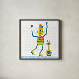 Robot Party I on Square Toys by Melissa Averinos. Shown in a sleek black glass frame for a contemporary gallery look. Available as an archival giclee rolled canvas, fine art paper, or poster print. SKU 28693a.
