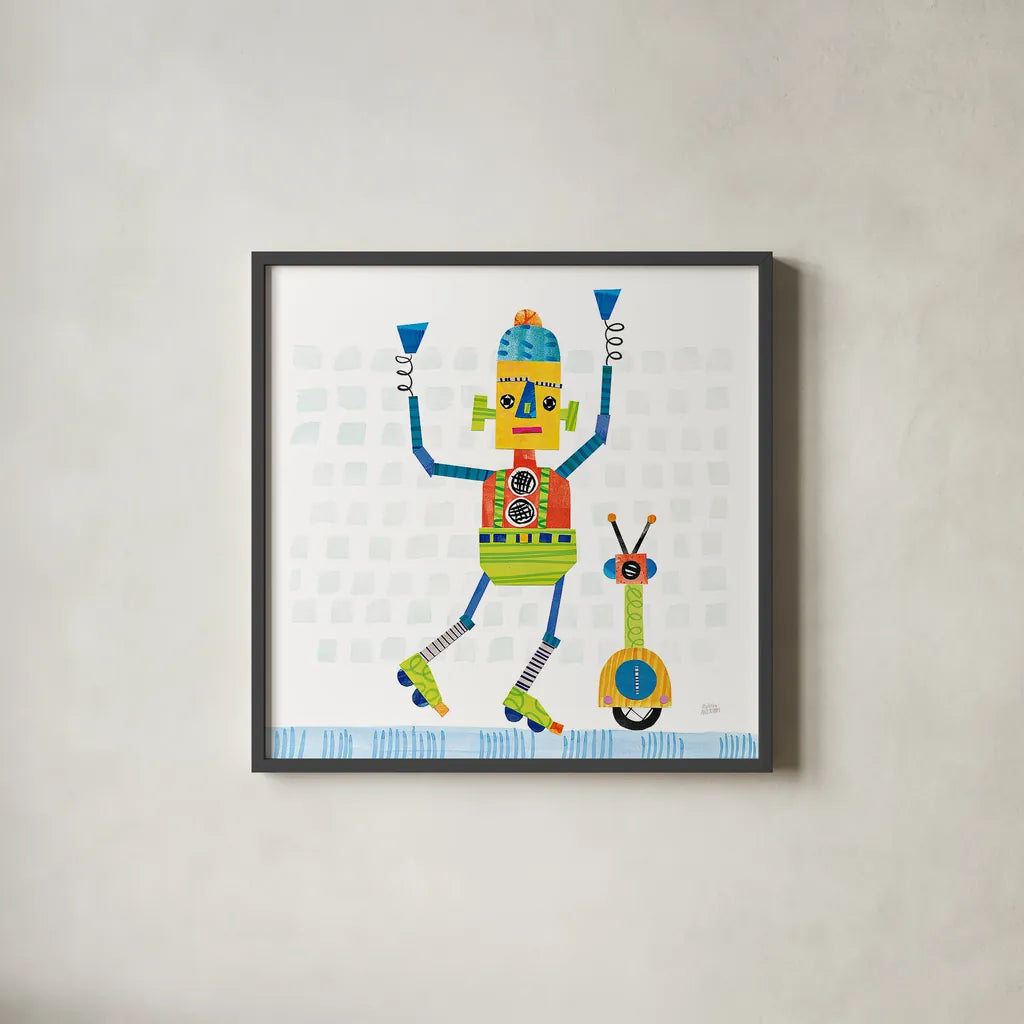 Robot Party I on Square Toys by Melissa Averinos. Shown in a sleek black glass frame for a contemporary gallery look. Available as an archival giclee rolled canvas, fine art paper, or poster print. SKU 28693a.