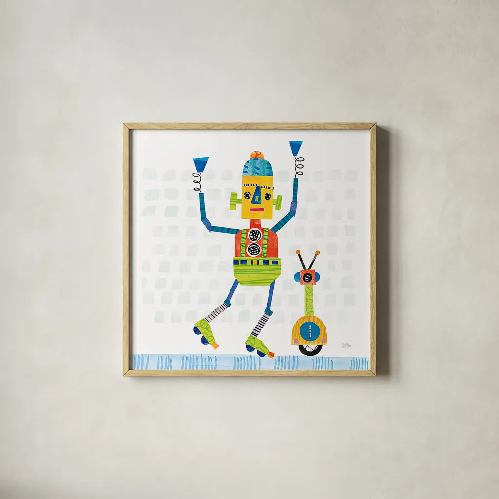 Robot Party I on Square Toys by Melissa Averinos. Shown in a natural wood glass frame for a timeless modern aesthetic. Available as an archival giclee rolled canvas, fine art paper, or poster print. SKU 28693a.
