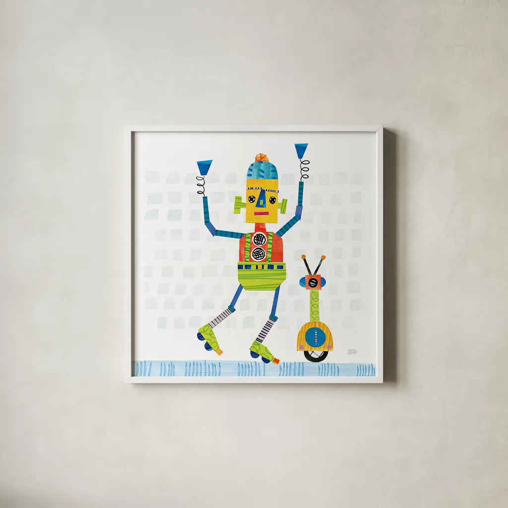 Robot Party I on Square Toys by Melissa Averinos. Shown in a crisp white glass frame for a clean and minimalist style. Available as an archival giclee rolled canvas, fine art paper, or poster print. SKU 28693a.