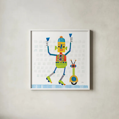 Robot Party I on Square Toys by Melissa Averinos. Shown in a crisp white glass frame for a clean and minimalist style. Available as an archival giclee rolled canvas, fine art paper, or poster print. SKU 28693a.