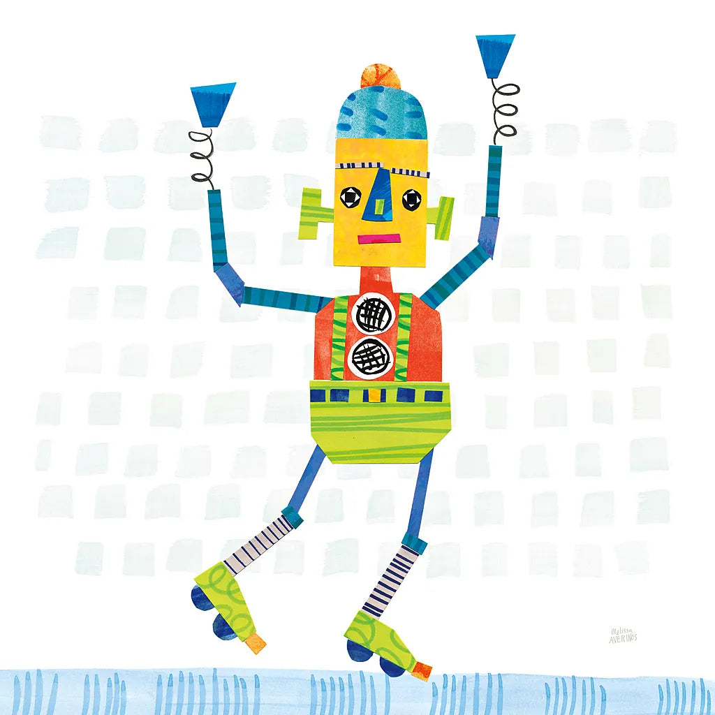 Robot Party I on Squares by Melissa Averinos. SKU 28689a. Archival Giclee Fine art print for wall decor.
