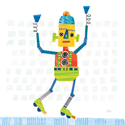 Robot Party I on Squares by Melissa Averinos. SKU 28689a. Archival Giclee Fine art print for wall decor.