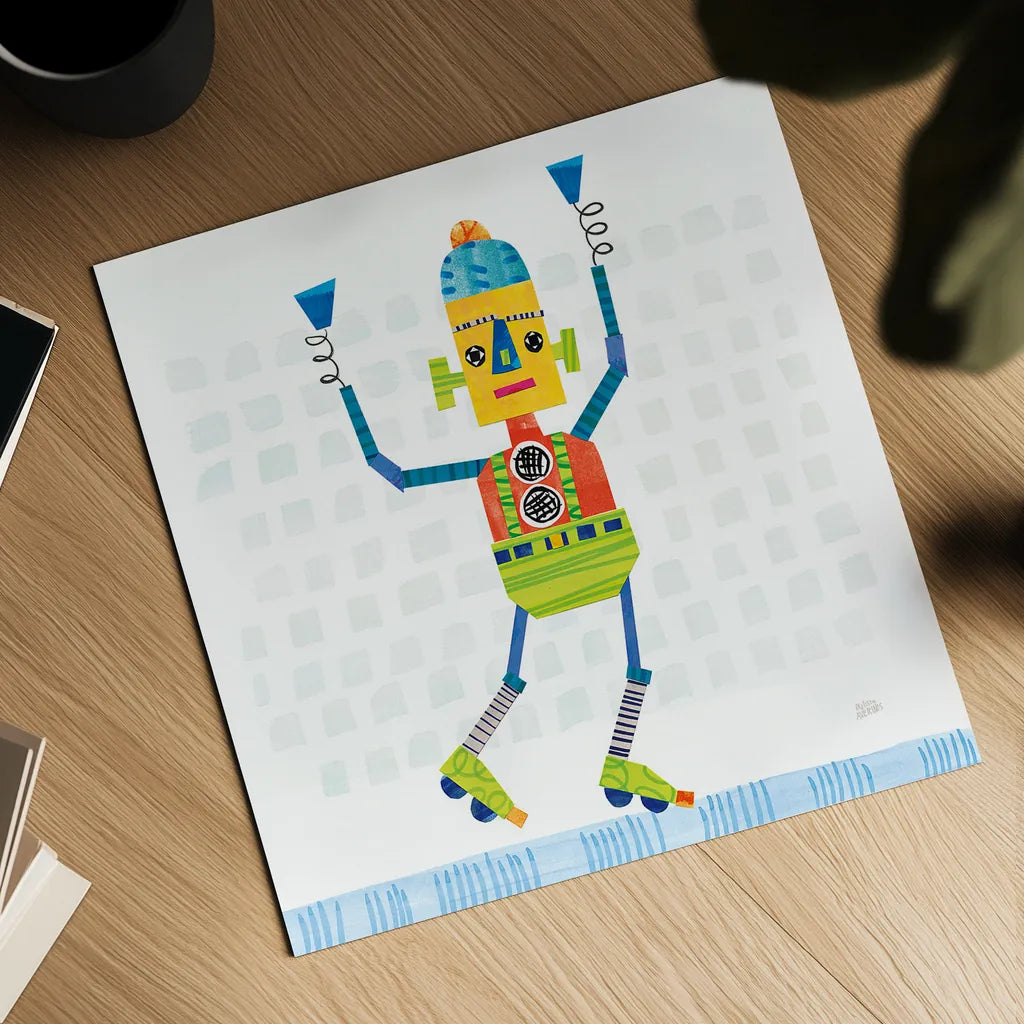 Robot Party I on Squares by Melissa Averinos. Shown as a detailed flat fine art print, highlighting archival giclee quality. Available as an archival giclee rolled canvas, fine art paper, or poster print. SKU 28689a.