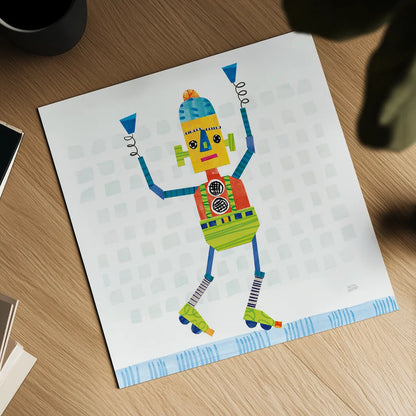 Robot Party I on Squares by Melissa Averinos. Shown as a detailed flat fine art print, highlighting archival giclee quality. Available as an archival giclee rolled canvas, fine art paper, or poster print. SKU 28689a.