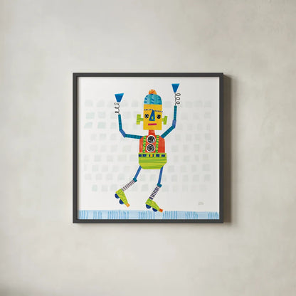 Robot Party I on Squares by Melissa Averinos. Shown in a sleek black glass frame for a contemporary gallery look. Available as an archival giclee rolled canvas, fine art paper, or poster print. SKU 28689a.