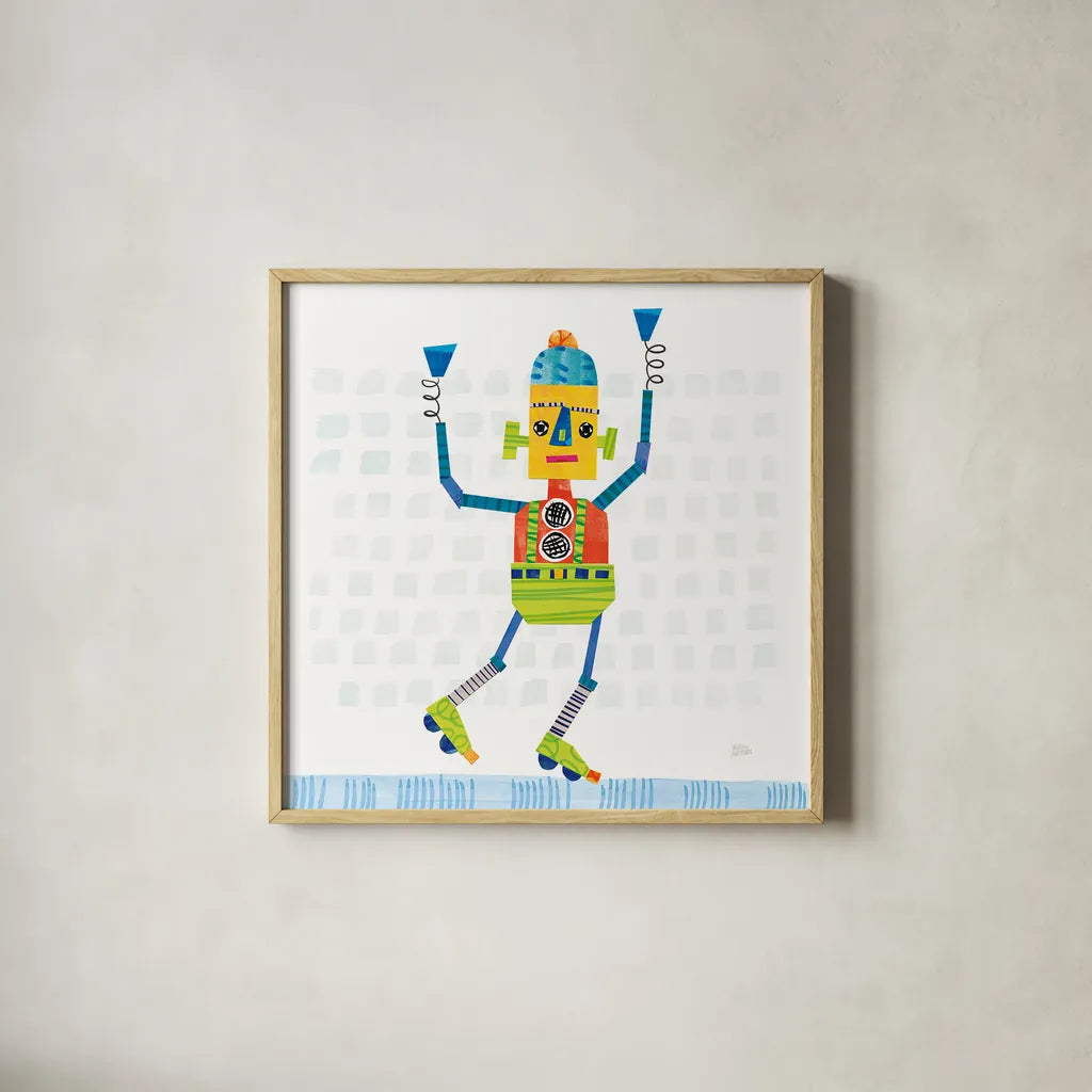 Robot Party I on Squares by Melissa Averinos. Shown in a natural wood glass frame for a timeless modern aesthetic. Available as an archival giclee rolled canvas, fine art paper, or poster print. SKU 28689a.