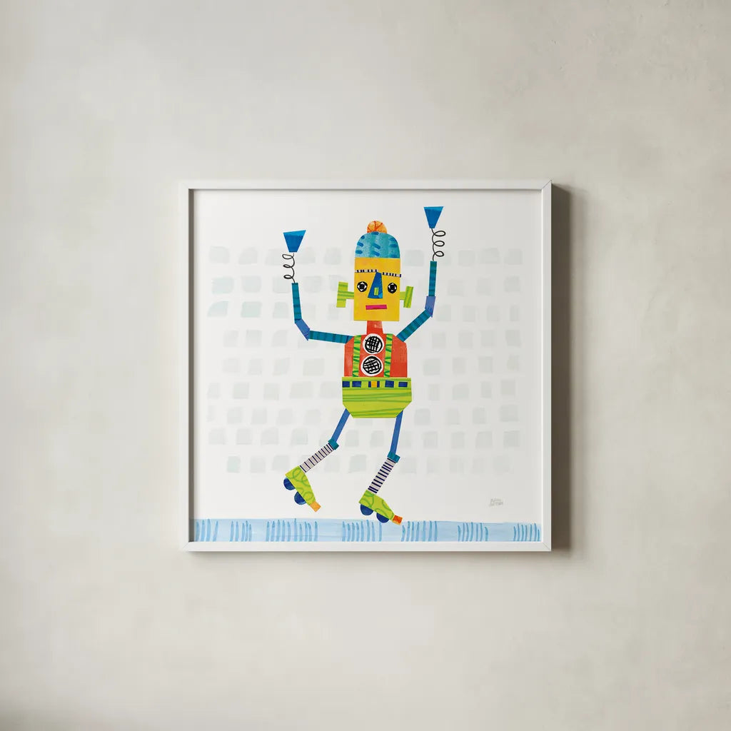 Robot Party I on Squares by Melissa Averinos. Shown in a crisp white glass frame for a clean and minimalist style. Available as an archival giclee rolled canvas, fine art paper, or poster print. SKU 28689a.