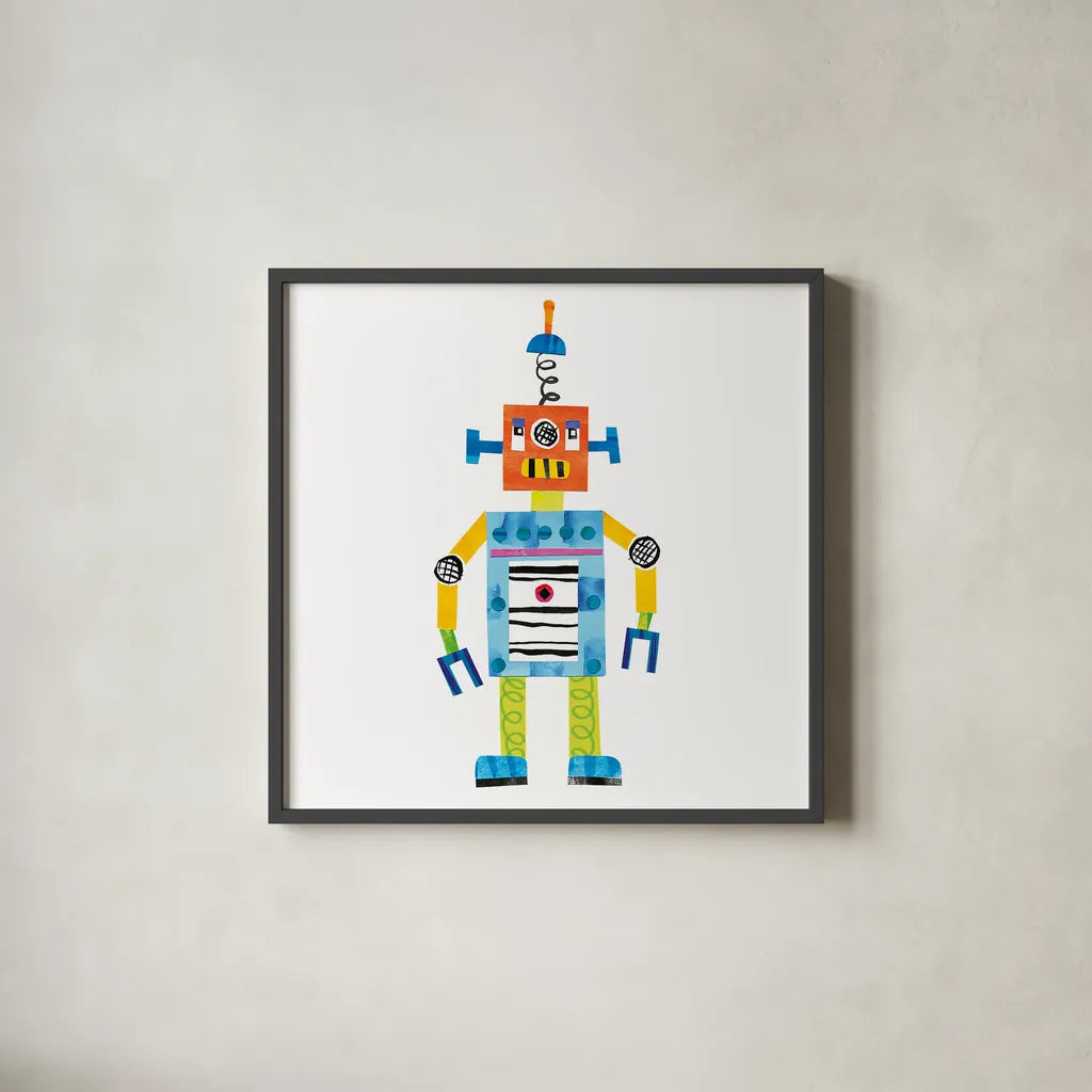 Robot Party II by Melissa Averinos. Shown in a sleek black glass frame for a contemporary gallery look. Available as an archival giclee rolled canvas, fine art paper, or poster print. SKU 28533a.