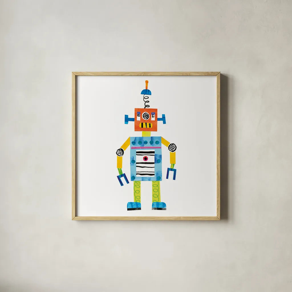 Robot Party II by Melissa Averinos. Shown in a natural wood glass frame for a timeless modern aesthetic. Available as an archival giclee rolled canvas, fine art paper, or poster print. SKU 28533a.