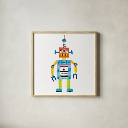 Robot Party II by Melissa Averinos. Shown in a natural wood glass frame for a timeless modern aesthetic. Available as an archival giclee rolled canvas, fine art paper, or poster print. SKU 28533a.