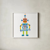 Robot Party II by Melissa Averinos. Shown in a crisp white glass frame for a clean and minimalist style. Available as an archival giclee rolled canvas, fine art paper, or poster print. SKU 28533a.