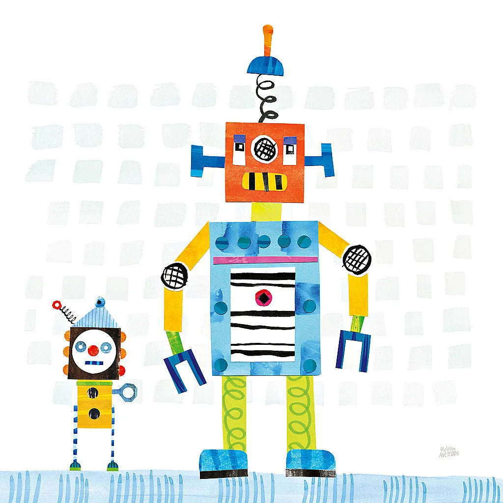 Robot Party II on Square Toys by Melissa Averinos. SKU 28694a. Archival Giclee Fine art print for wall decor.