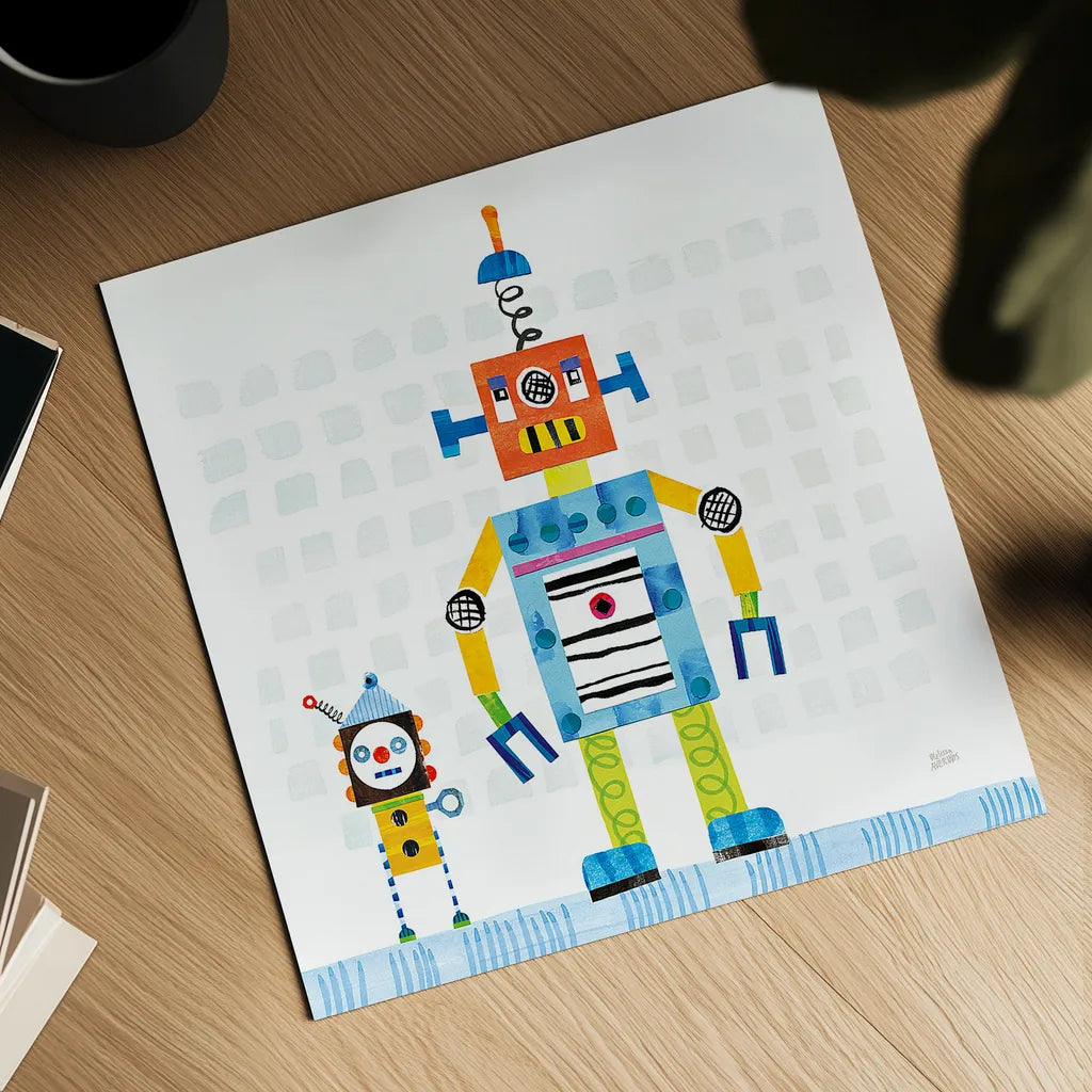 Robot Party II on Square Toys by Melissa Averinos. Shown as a detailed flat fine art print, highlighting archival giclee quality. Available as an archival giclee rolled canvas, fine art paper, or poster print. SKU 28694a.