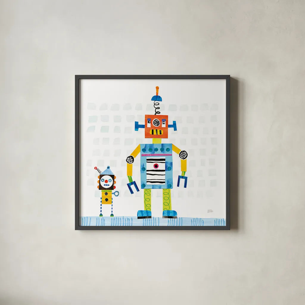 Robot Party II on Square Toys by Melissa Averinos. Shown in a sleek black glass frame for a contemporary gallery look. Available as an archival giclee rolled canvas, fine art paper, or poster print. SKU 28694a.