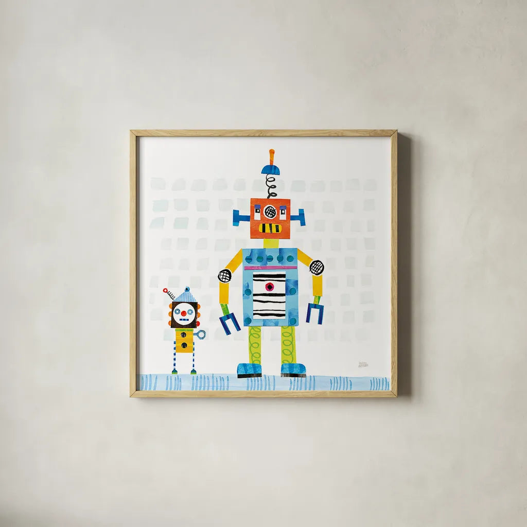 Robot Party II on Square Toys by Melissa Averinos. Shown in a natural wood glass frame for a timeless modern aesthetic. Available as an archival giclee rolled canvas, fine art paper, or poster print. SKU 28694a.