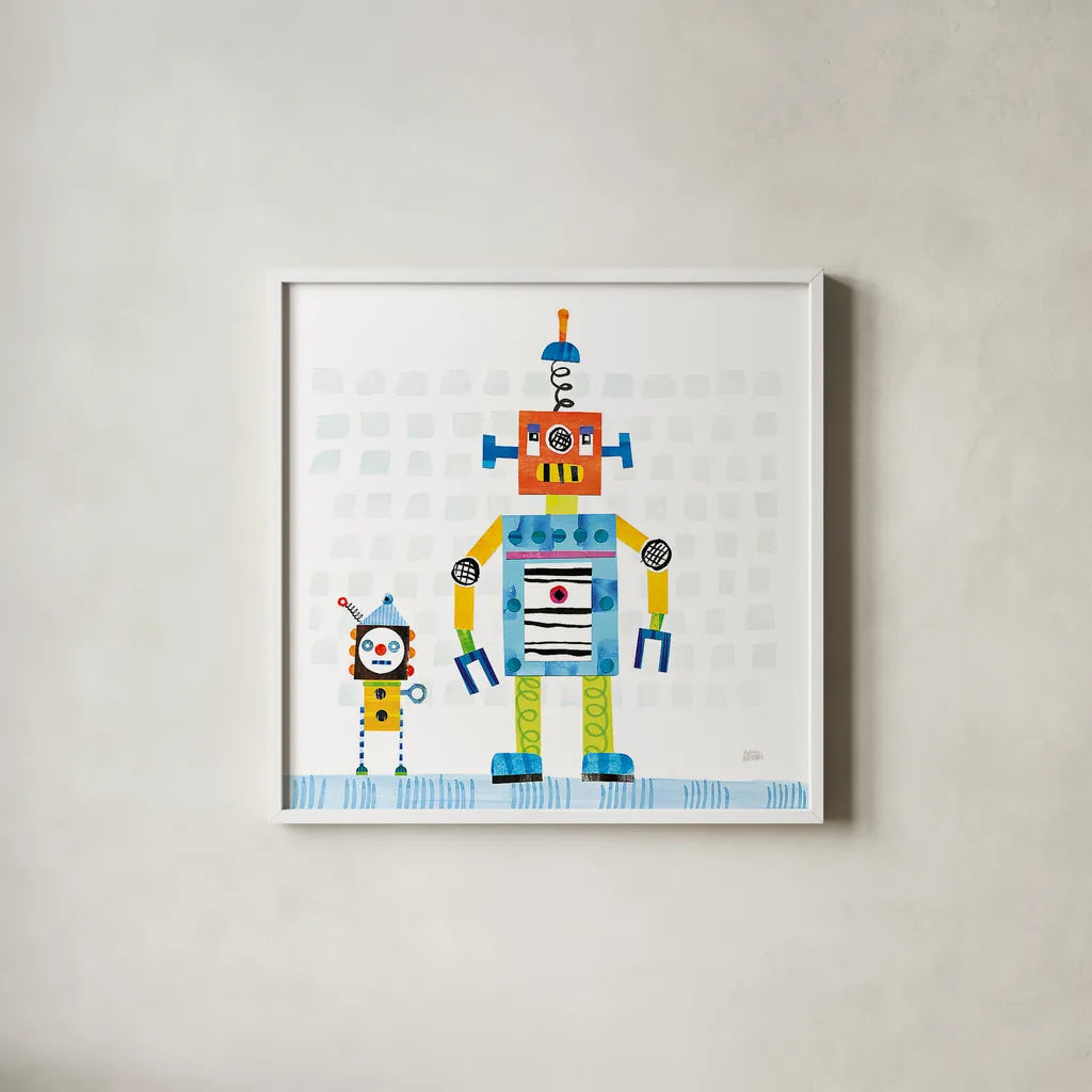 Robot Party II on Square Toys by Melissa Averinos. Shown in a crisp white glass frame for a clean and minimalist style. Available as an archival giclee rolled canvas, fine art paper, or poster print. SKU 28694a.