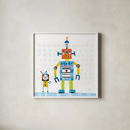 Robot Party II on Square Toys by Melissa Averinos. Shown in a crisp white glass frame for a clean and minimalist style. Available as an archival giclee rolled canvas, fine art paper, or poster print. SKU 28694a.