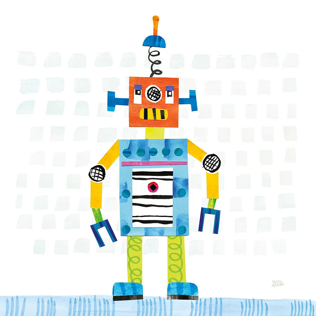 Robot Party II on Squares by Melissa Averinos. SKU 28690a. Archival Giclee Fine art print for wall decor.