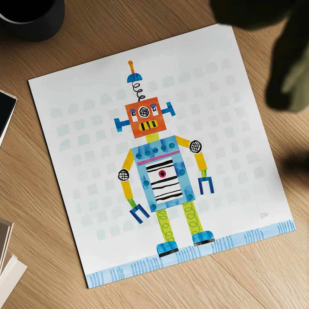 Robot Party II on Squares by Melissa Averinos. Shown as a detailed flat fine art print, highlighting archival giclee quality. Available as an archival giclee rolled canvas, fine art paper, or poster print. SKU 28690a.