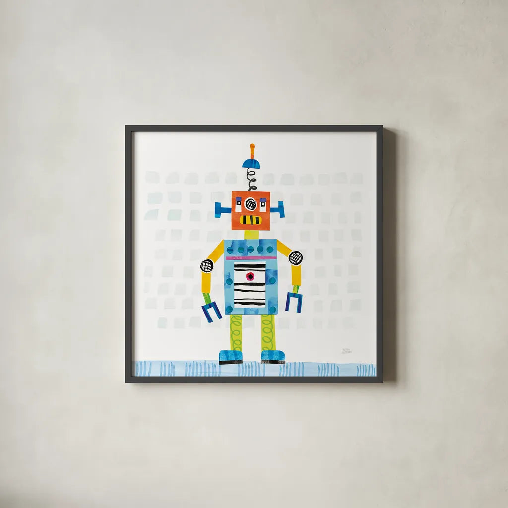 Robot Party II on Squares by Melissa Averinos. Shown in a sleek black glass frame for a contemporary gallery look. Available as an archival giclee rolled canvas, fine art paper, or poster print. SKU 28690a.