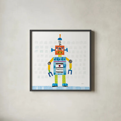 Robot Party II on Squares by Melissa Averinos. Shown in a sleek black glass frame for a contemporary gallery look. Available as an archival giclee rolled canvas, fine art paper, or poster print. SKU 28690a.