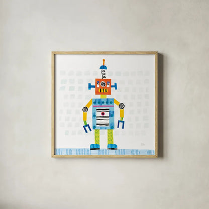 Robot Party II on Squares by Melissa Averinos. Shown in a natural wood glass frame for a timeless modern aesthetic. Available as an archival giclee rolled canvas, fine art paper, or poster print. SKU 28690a.