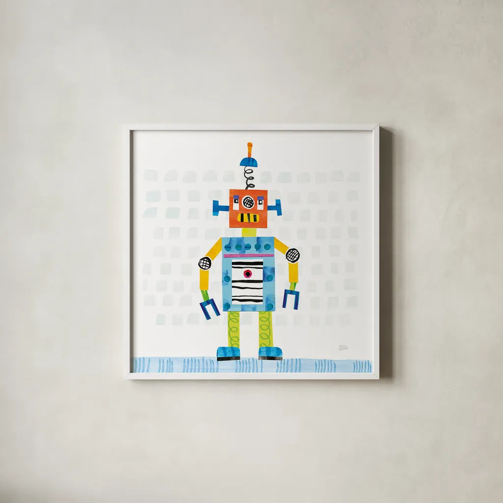 Robot Party II on Squares by Melissa Averinos. Shown in a crisp white glass frame for a clean and minimalist style. Available as an archival giclee rolled canvas, fine art paper, or poster print. SKU 28690a.