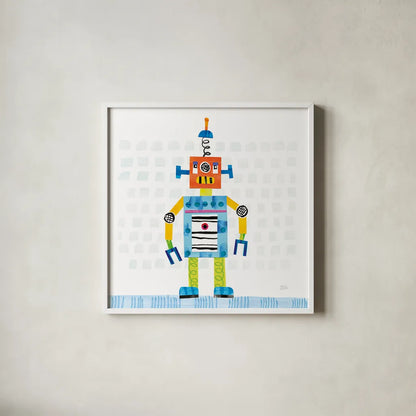 Robot Party II on Squares by Melissa Averinos. Shown in a crisp white glass frame for a clean and minimalist style. Available as an archival giclee rolled canvas, fine art paper, or poster print. SKU 28690a.