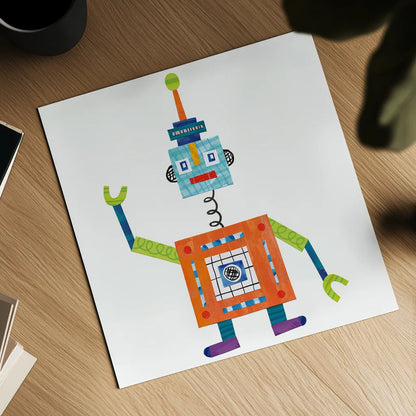 Robot Party III by Melissa Averinos. Shown as a detailed flat fine art print, highlighting archival giclee quality. Available as an archival giclee rolled canvas, fine art paper, or poster print. SKU 28534a.