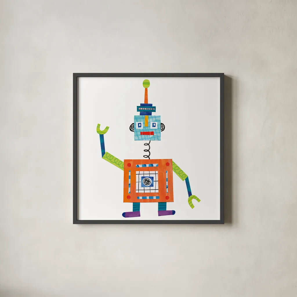 Robot Party III by Melissa Averinos. Shown in a sleek black glass frame for a contemporary gallery look. Available as an archival giclee rolled canvas, fine art paper, or poster print. SKU 28534a.