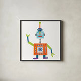 Robot Party III by Melissa Averinos. Shown in a sleek black glass frame for a contemporary gallery look. Available as an archival giclee rolled canvas, fine art paper, or poster print. SKU 28534a.