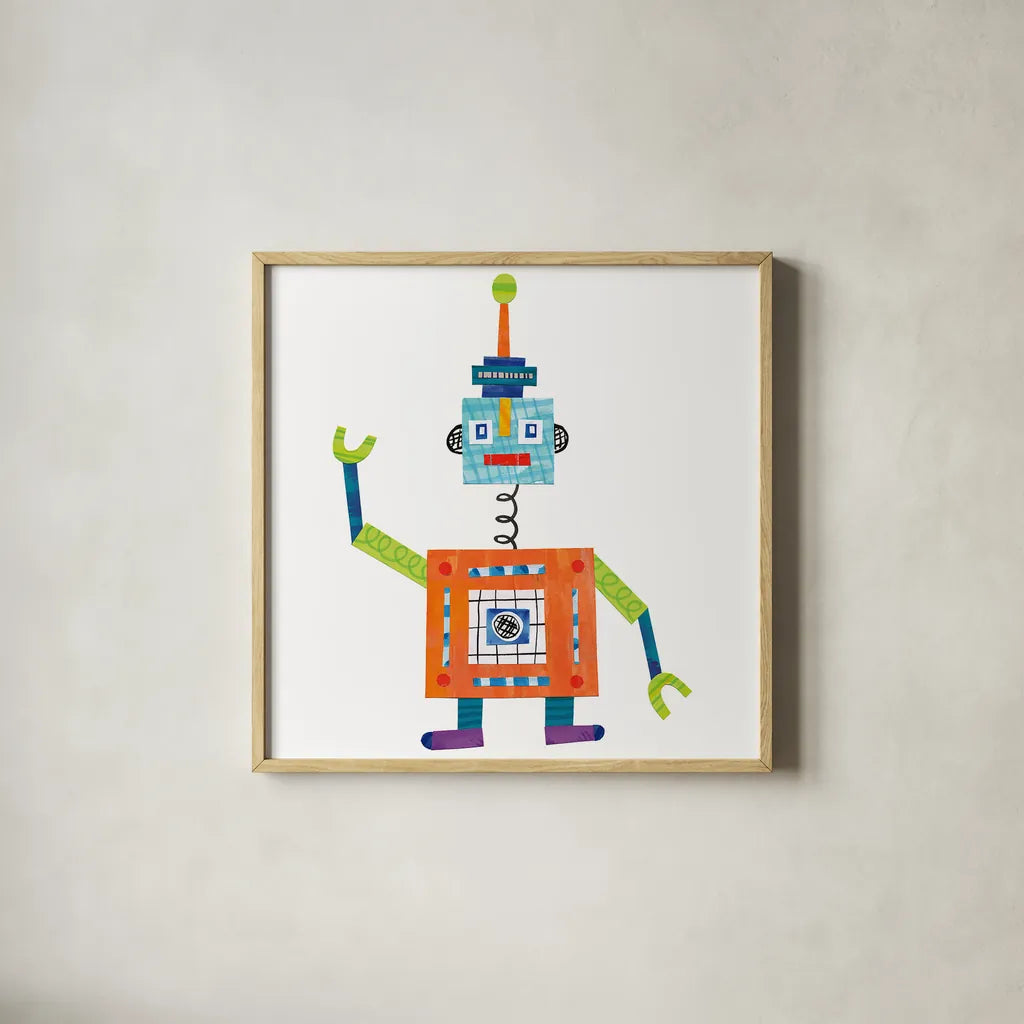Robot Party III by Melissa Averinos. Shown in a natural wood glass frame for a timeless modern aesthetic. Available as an archival giclee rolled canvas, fine art paper, or poster print. SKU 28534a.