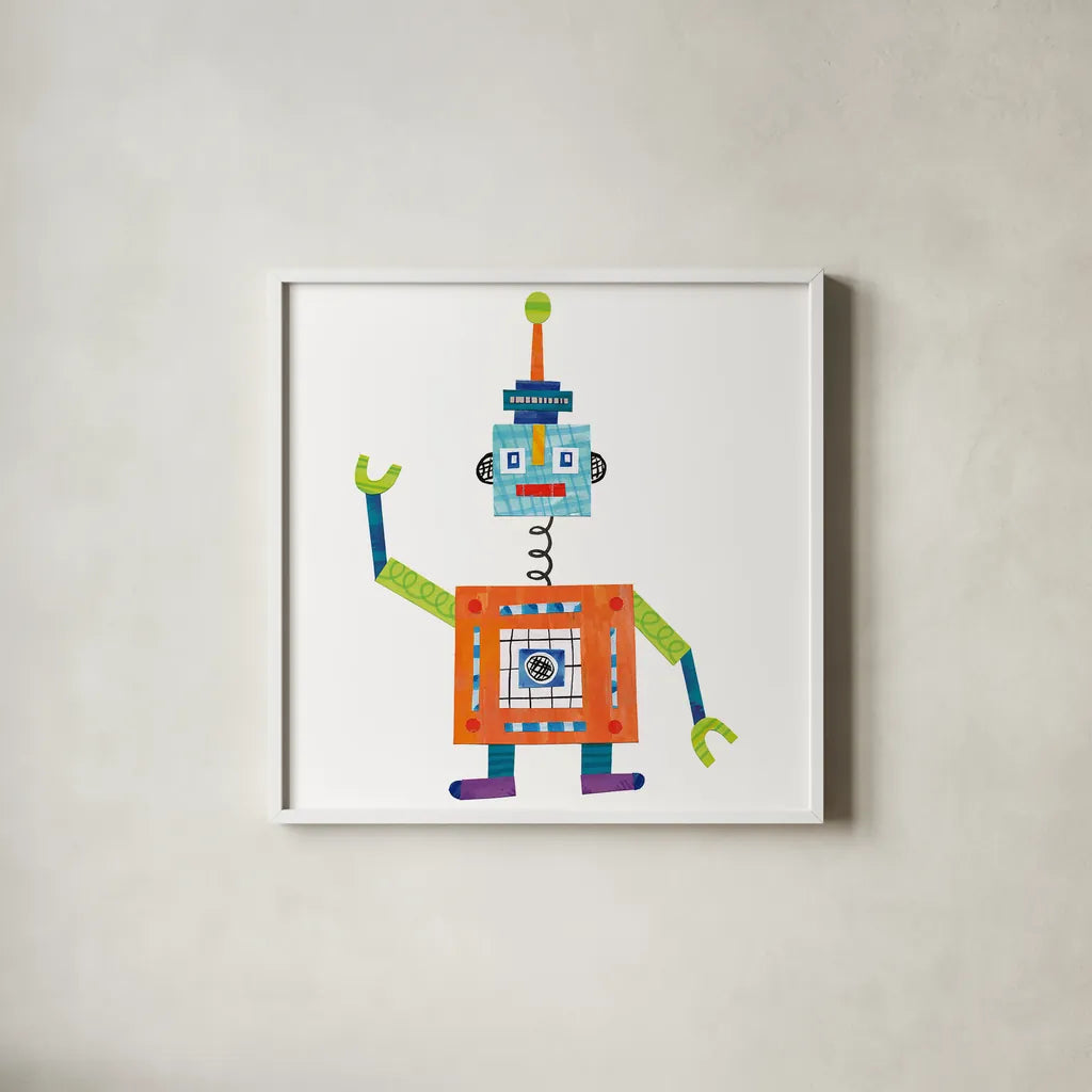 Robot Party III by Melissa Averinos. Shown in a crisp white glass frame for a clean and minimalist style. Available as an archival giclee rolled canvas, fine art paper, or poster print. SKU 28534a.