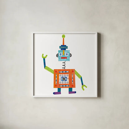 Robot Party III by Melissa Averinos. Shown in a crisp white glass frame for a clean and minimalist style. Available as an archival giclee rolled canvas, fine art paper, or poster print. SKU 28534a.