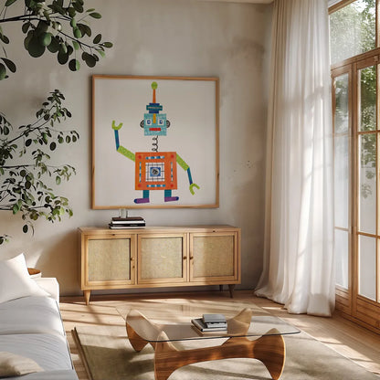 Robot Party III by Melissa Averinos. Shown in a natural wood frame in a cozy modern living room. Available as an archival giclee rolled canvas, fine art paper, or poster print. SKU 28534a.