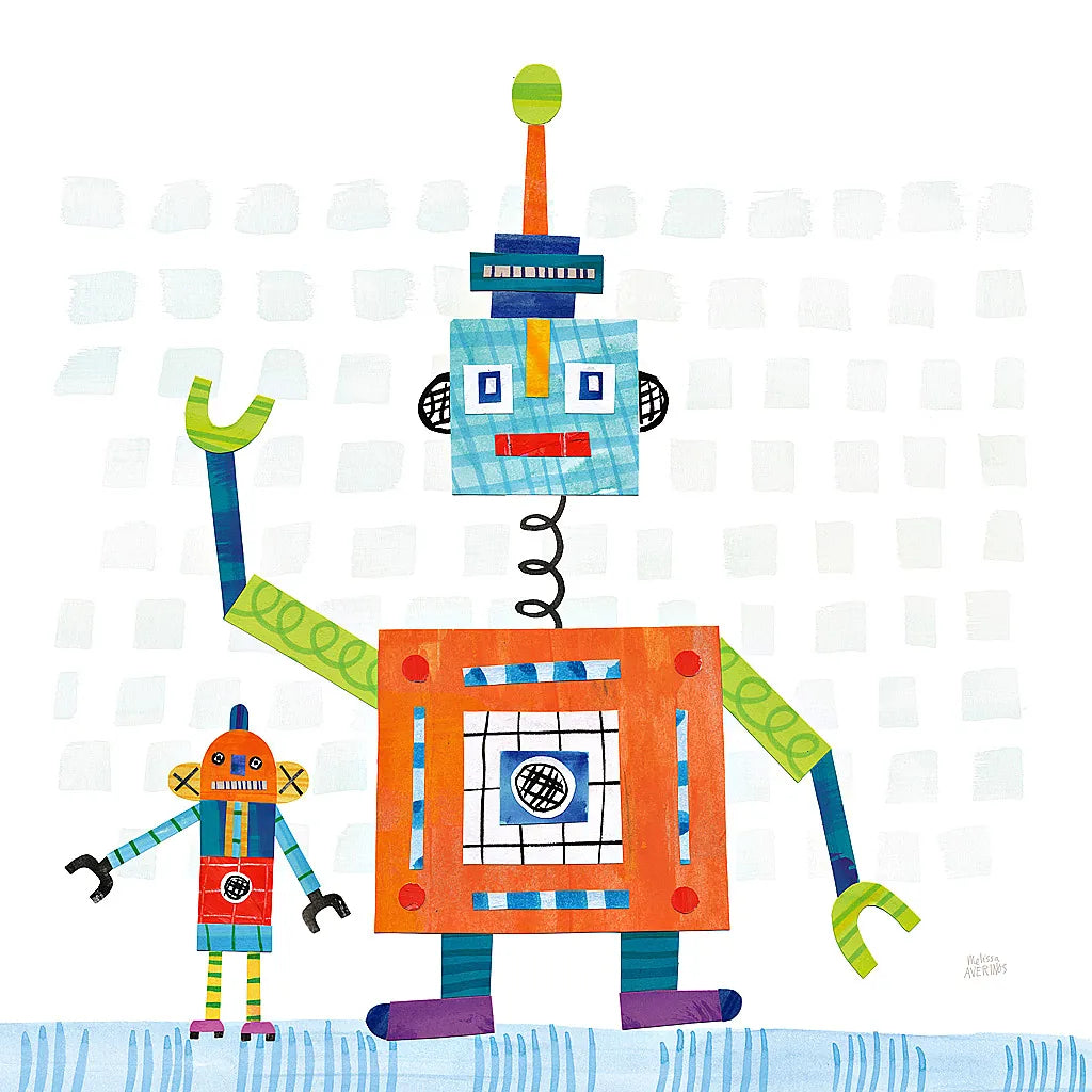 Robot Party III on Square Toys by Melissa Averinos. SKU 28695a. Archival Giclee Fine art print for wall decor.