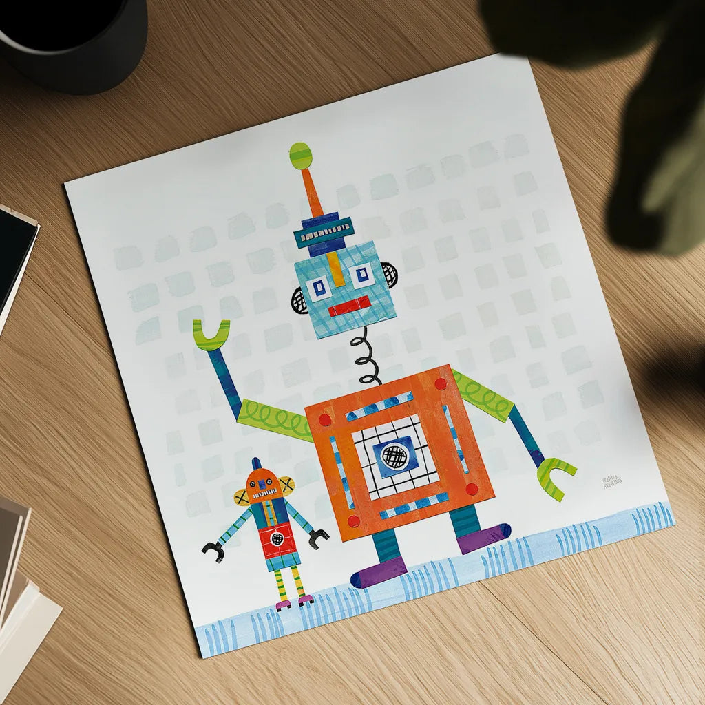 Robot Party III on Square Toys by Melissa Averinos. Shown as a detailed flat fine art print, highlighting archival giclee quality. Available as an archival giclee rolled canvas, fine art paper, or poster print. SKU 28695a.