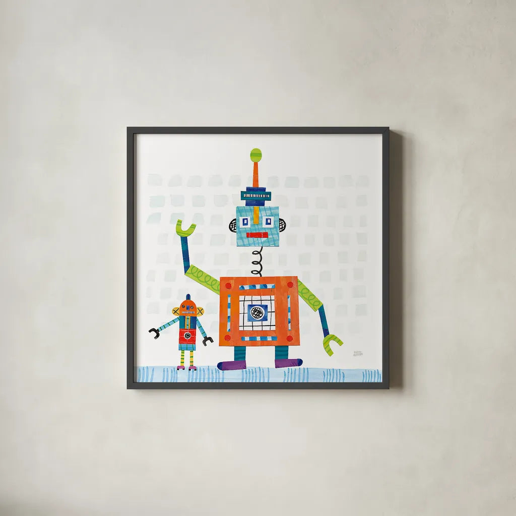 Robot Party III on Square Toys by Melissa Averinos. Shown in a sleek black glass frame for a contemporary gallery look. Available as an archival giclee rolled canvas, fine art paper, or poster print. SKU 28695a.