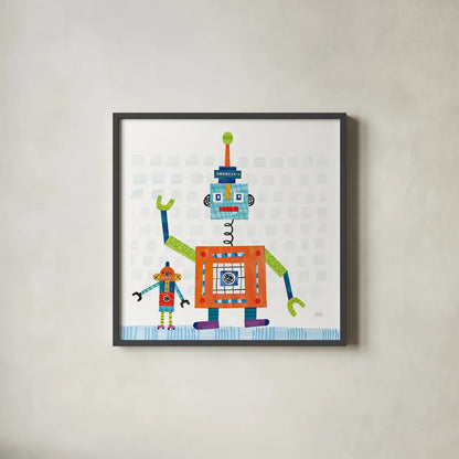 Robot Party III on Square Toys by Melissa Averinos. Shown in a sleek black glass frame for a contemporary gallery look. Available as an archival giclee rolled canvas, fine art paper, or poster print. SKU 28695a.