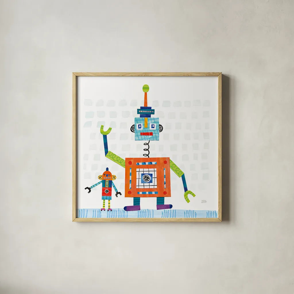 Robot Party III on Square Toys by Melissa Averinos. Shown in a natural wood glass frame for a timeless modern aesthetic. Available as an archival giclee rolled canvas, fine art paper, or poster print. SKU 28695a.