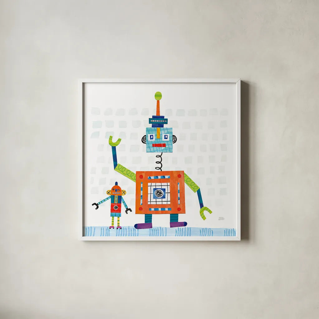 Robot Party III on Square Toys by Melissa Averinos. Shown in a crisp white glass frame for a clean and minimalist style. Available as an archival giclee rolled canvas, fine art paper, or poster print. SKU 28695a.
