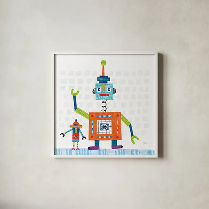 Robot Party III on Square Toys by Melissa Averinos. Shown in a crisp white glass frame for a clean and minimalist style. Available as an archival giclee rolled canvas, fine art paper, or poster print. SKU 28695a.