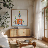 Robot Party III on Square Toys by Melissa Averinos. Shown in a natural wood frame in a cozy modern living room. Available as an archival giclee rolled canvas, fine art paper, or poster print. SKU 28695a.