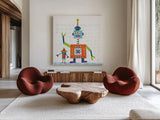 Robot Party III on Square Toys by Melissa Averinos. Shown as extra-large giant wall art in a modern living room. Available as an archival giclee rolled canvas, fine art paper, or poster print. SKU 28695a.